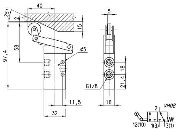 Distributeur 3/2, levier galet vue 2