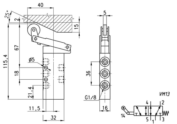 Distributeur 5/2, levier galet vue 3