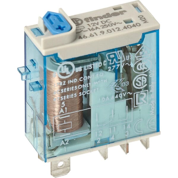 Mini relai 1CO 16A/12V DC/AgSnO2 bouton de test/ind. tech. · réf. 466190124040