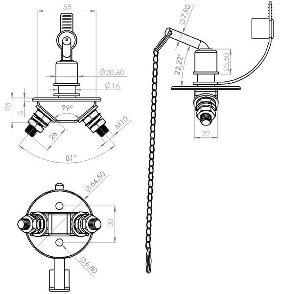 Coupe-batterie rond, argent, type mini M10, 12-48V, 150A/1000A (5sec), IP63 vue 3