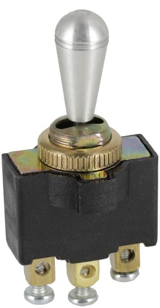 Interrupteur à bascule, marche-arrêt-marche, 12-24VDC, 10A, 125-250VAC, 2A, 3 broches, bornes à vis, écrou métallique, capuchon métallique — réf. SW10013KR
