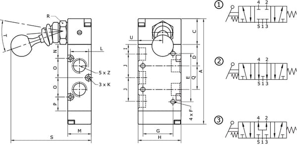 Vanne 5/3, levier bouton 1/4" vue 2