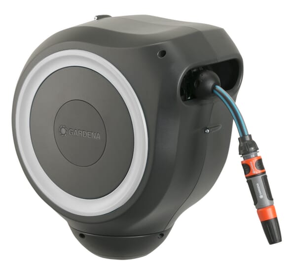 Nástěnný naviják hadic RollUp S, 15 m 1/2", bílý, včetně postřikovače