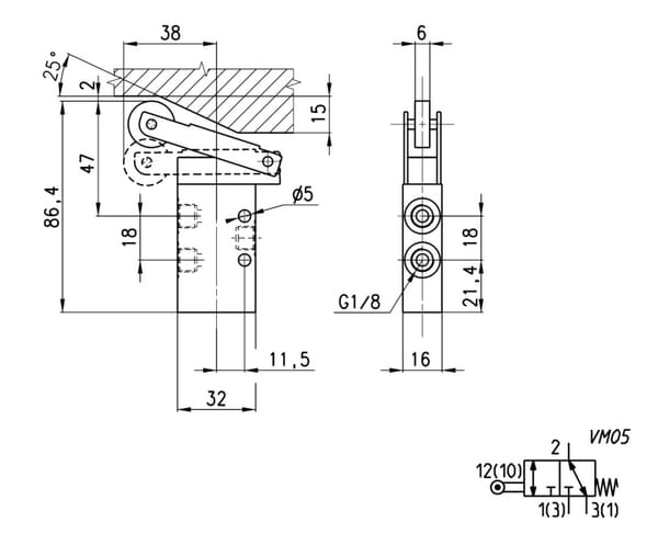 Distributeur 3/2, levier galet vue 2