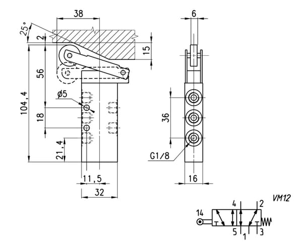 Distributeur 5/2, levier galet vue 3