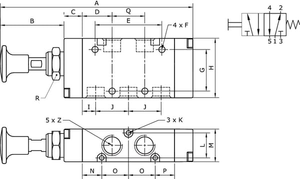 Vanne 5/2, levier bouton 1/4" vue 2