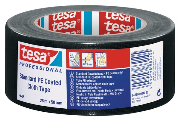 Textilní páska standardní s vrstvou PE, černá, 25 m x 50 mm, TesaBAND®