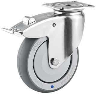 Roue pivotante, roue en polyuréthane : Ø75x25mm, with brake, Acier inoxydable Fixation de plaque: 60x60mm Load: 75kg, Tente · réf. 7477PJC075P40