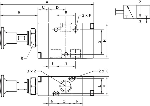 Vanne 3/2, levier bouton 1/4" vue 2