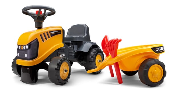 Porteur chantier JCB avec remorque, pelle et rateau — réf. F215C