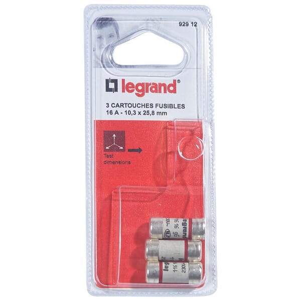 Fusible cartouche 250V 16A longueur 25,8mm rouge Legrand · réf. LEG092912