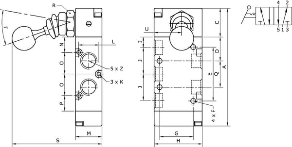 Vanne 5/2, levier bouton 1/4" vue 3