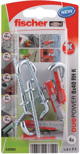 Chevilles tous matériaux DuoPower 8x40 avec crochet rond / Blister de 4 — réf. 535003