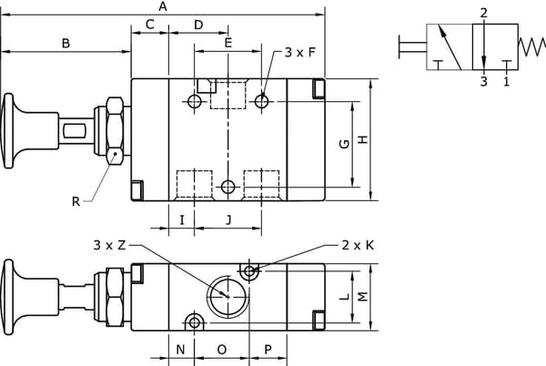 Vanne 3/2, levier bouton 1/4" vue 2