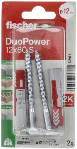 Chevilles tous matériaux DuoPower 12x60 avec vis / Blister de 2 — réf. 537665