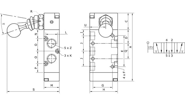 Vanne 5/3, levier bouton 1/4" vue 2