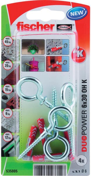 Chevilles tous matériaux DuoPower 6x30 avec crochet œillet / Blister de 4 · réf. 535005