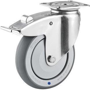 Roue pivotante, roue en polyuréthane : Ø125x32mm, with brake, Acier inoxydable Fixation de plaque: 77x67mm Load: 100kg, Tente · réf. 7477PJC125P50