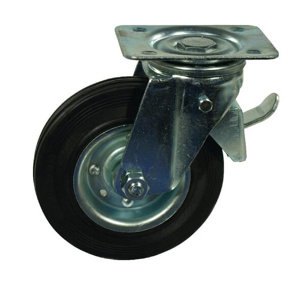 Roue pivotante, roue en caoutchouc : Ø140x37.5mm, avec frein, montage sur plaque : 115x85mm Charge : 140kg, Ro-Carr — réf. WH600140