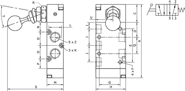 Vanne 5/2, levier bouton 1/4" vue 2