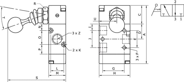 Vanne 3/2, levier bouton 1/4" vue 2