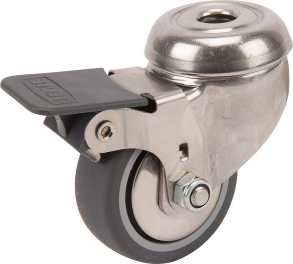 Roue pivotante, roue en polyuréthane : Ø50x19mm, avec frein, acier inoxydable trou unique Charge : 50kg, Tente — réf. 7475PJH050P3011