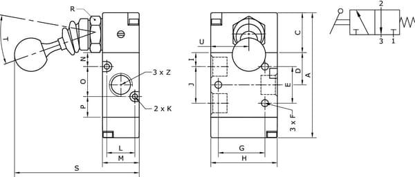 Vanne 3/2, levier bouton 1/4" vue 2