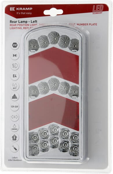 Feu arrière gauche LED, rectangulaire, 12-24V, 228x106x40mm — réf. LA45018LKR