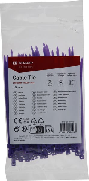 Collier de serrage 2,5x100mm, violet, 100pcs — réf. TR0125100VIO