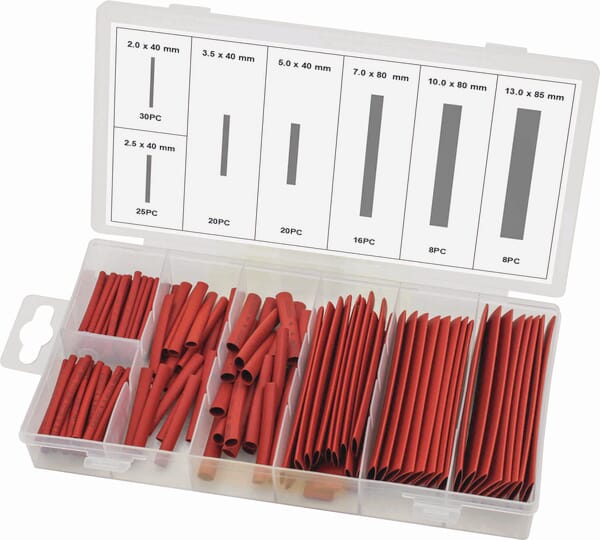 Assortiment de 127 gaines thermorétractables rouges de 40 à 85 mm, taux de rétraction 2:1 — réf. 77931STI