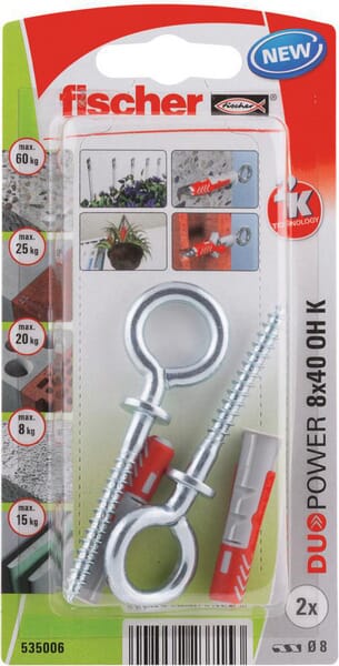 Chevilles tous matériaux DuoPower 8x40 avec crochet œillet / Blister de 2 — réf. 535006