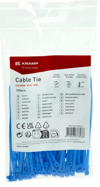 Collier de serrage 2,5 x 100 mm, bleu, 100 pièces — réf. TR0125100BLU