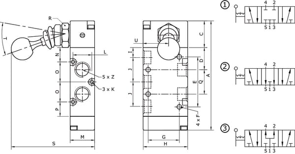 Vanne 5/3, levier bouton 1/8" vue 2
