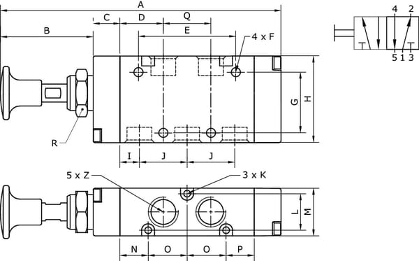 Vanne 5/2, levier bouton 1/4" vue 2
