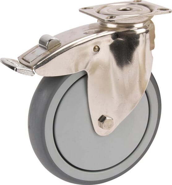 Roue pivotante, roue en polyuréthane : Ø100x32mm, with brake, Acier inoxydable Fixation de plaque: 77x67mm Load: 100kg, Ro-Carr · réf. 7477PJC100P50