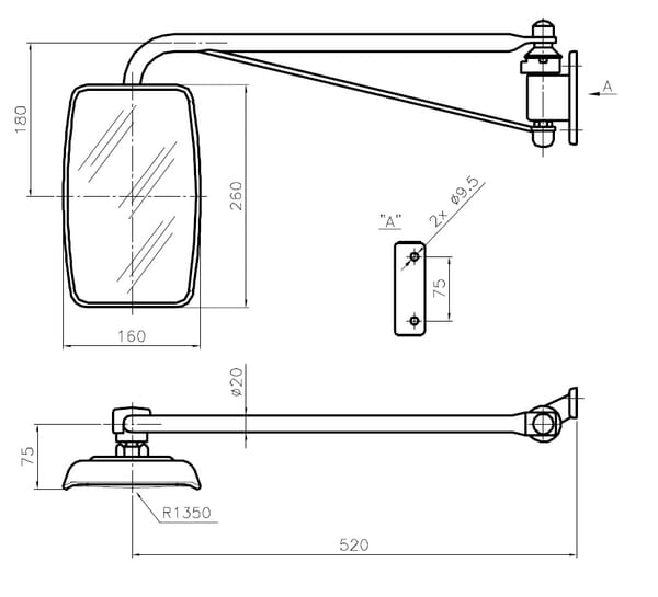 Rétroviseur complet 260x160 G. EA75 Ø20 vue 4